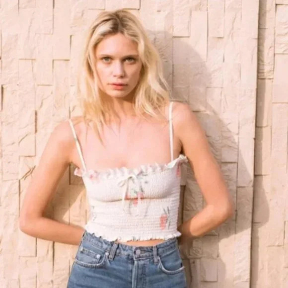 Reformation Carlotta Smocked Cropped Top Floral Print XS Pink Ivory Cream - Picture 1 of 9